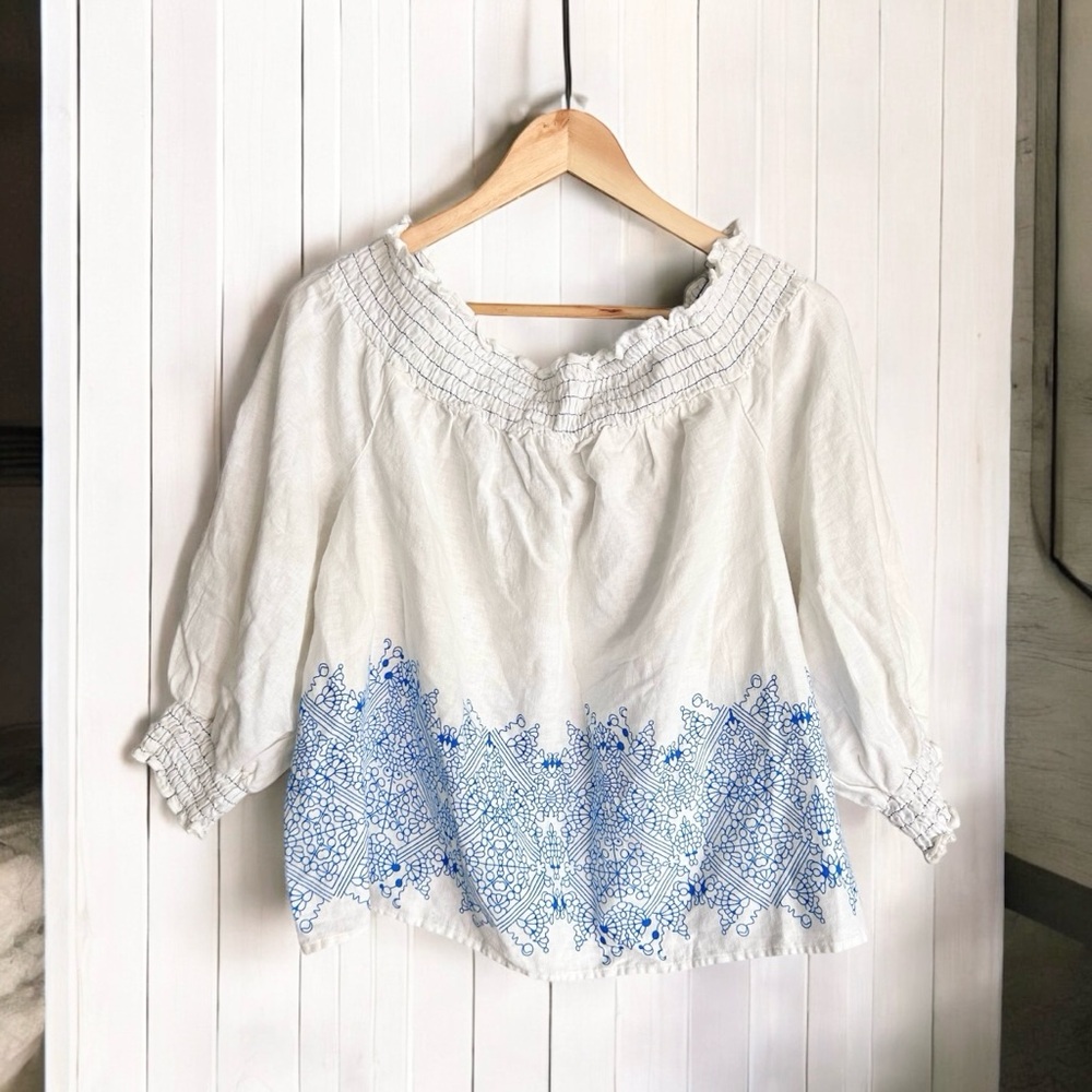 White Peasant Blouse with Blue Embroidered Hem